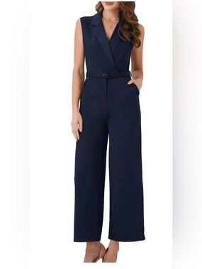 Allegra K Navy Sleeveless Notch-Collar pant suit no belt